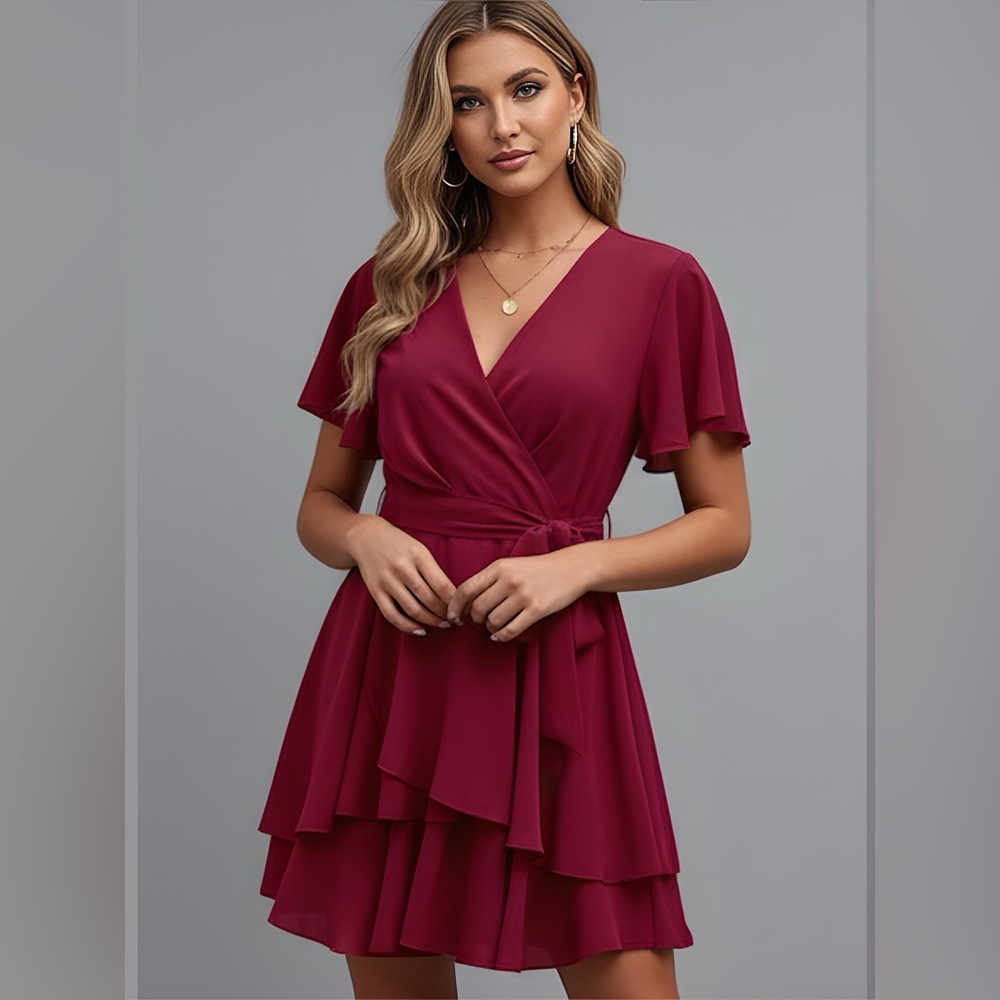 Two Layer Hem Belted Dress Burgundy